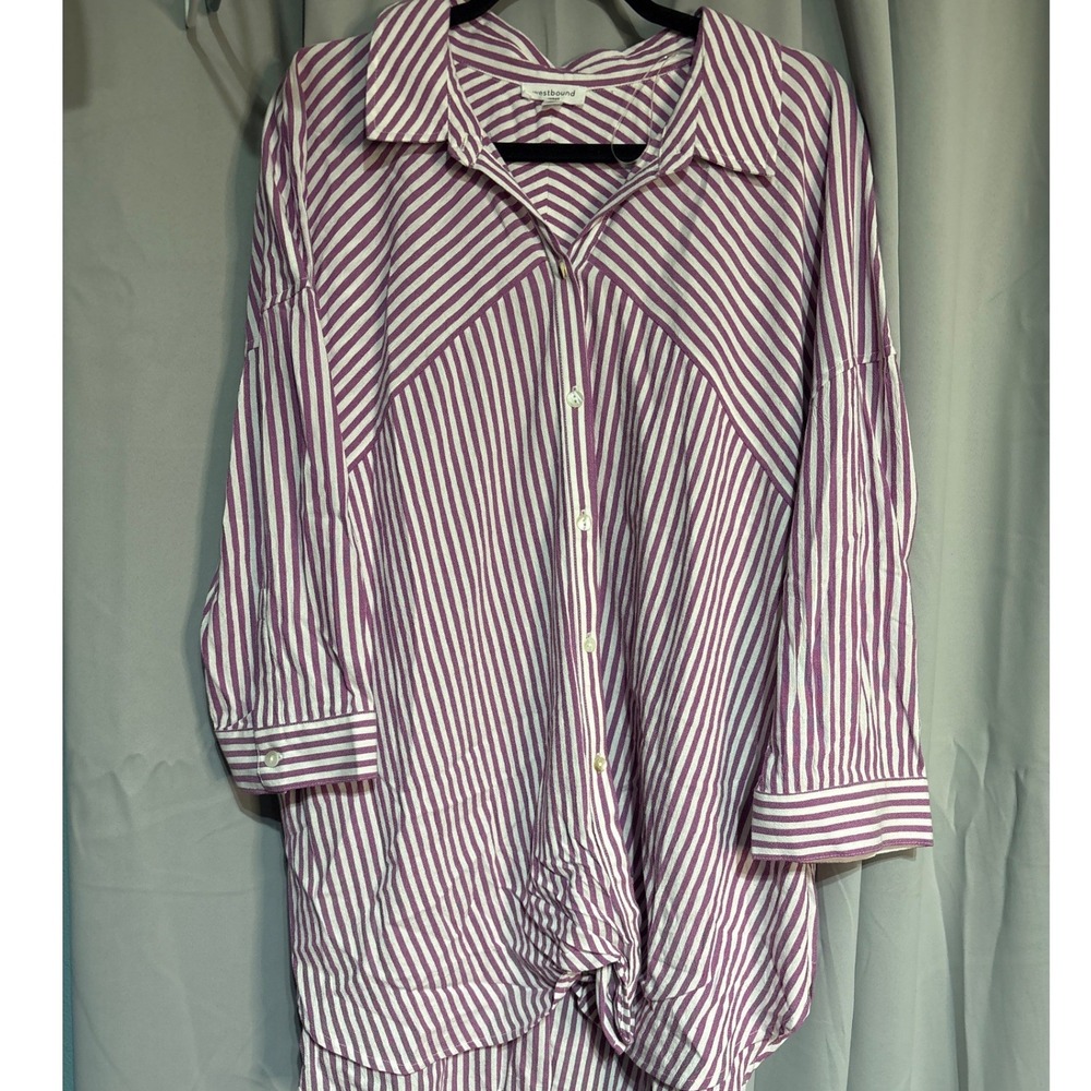 Westbound Woman Purple White Striped Button Front Tunic Top Plus Size 1X NWT